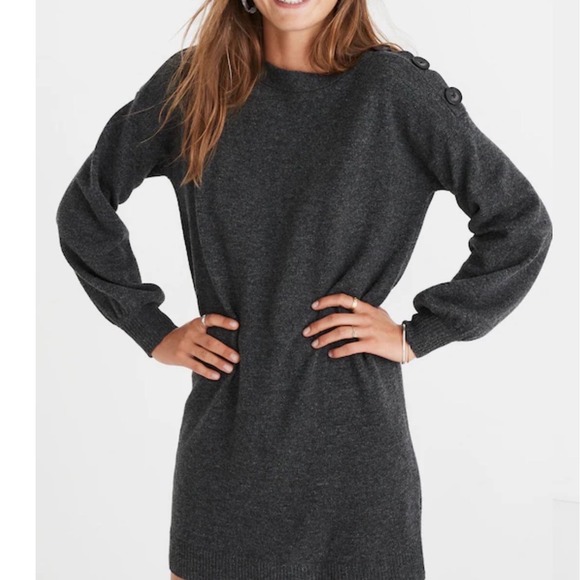 Madewell Charcoal Gray 100% Merino Wool Big Button Shoulder Sweater Dress Size S - Picture 2 of 8